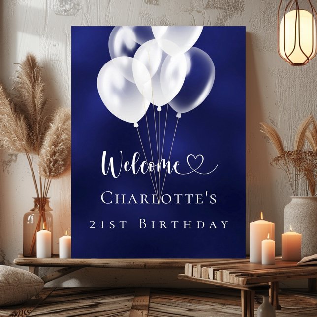 Birthday navy blue white balloons welcome poster (Creator Uploaded)