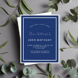 Birthday navy blue white budget invitation flyer<br><div class="desc">Please note that this invitation is on flyer paper and very thin. Envelopes are not included. For thicker invitations (same design) please visit our store. 

A modern,  elegant and invitation.  A navy blue background decorated with white frames.  Personalise and add a name and details. White text.</div>
