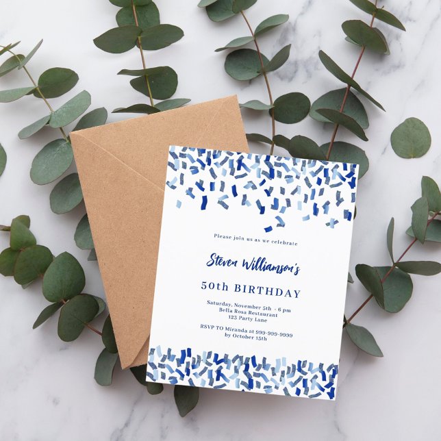 Birthday navy blue white confetti invitation (Creator Uploaded)