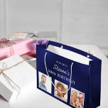 Birthday navy blue white custom photo monogram  large gift bag<br><div class="desc">For a 50th (or any age) birthday.  A classic navy blue background,  the blue colour is uneven.   Personalise and add 3 of your own photos,  a date,  name and age 50. White text. The name is written with a modern hand lettered style script.</div>