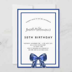Birthday navy blue white elegant bow script invitation