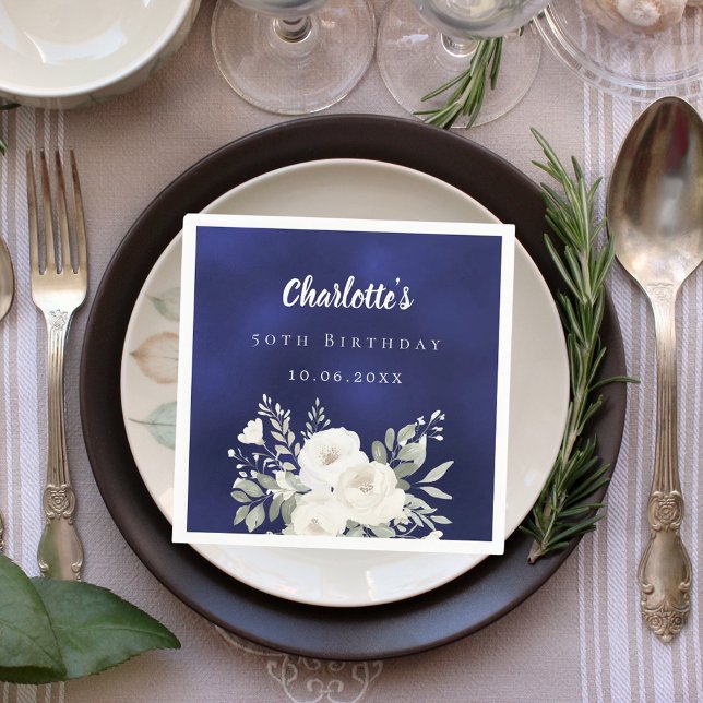 Birthday navy blue white florals roses napkin (Creator Uploaded)