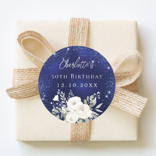 Birthday navy blue white flowers classic round sticker