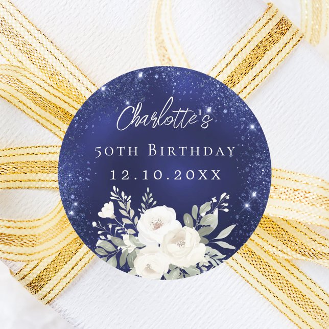 Birthday navy blue white flowers classic round sticker (Creator Uploaded)