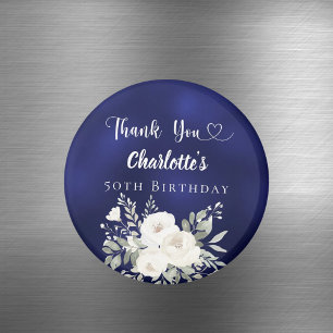 Birthday navy blue white flowers Thank You Magnet
