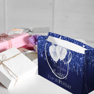 Birthday navy blue white glitter drips balloons large gift bag