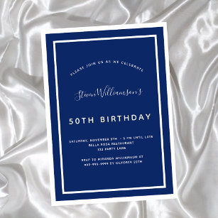 Birthday navy blue white minimalist men guy invita invitation