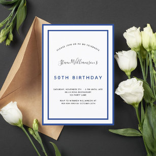 Birthday navy blue white minimalist men guy invitation