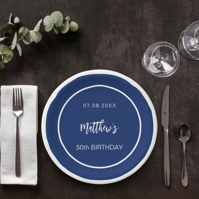 Birthday navy blue white minimalist men guy paper plate (Creator Uploaded)