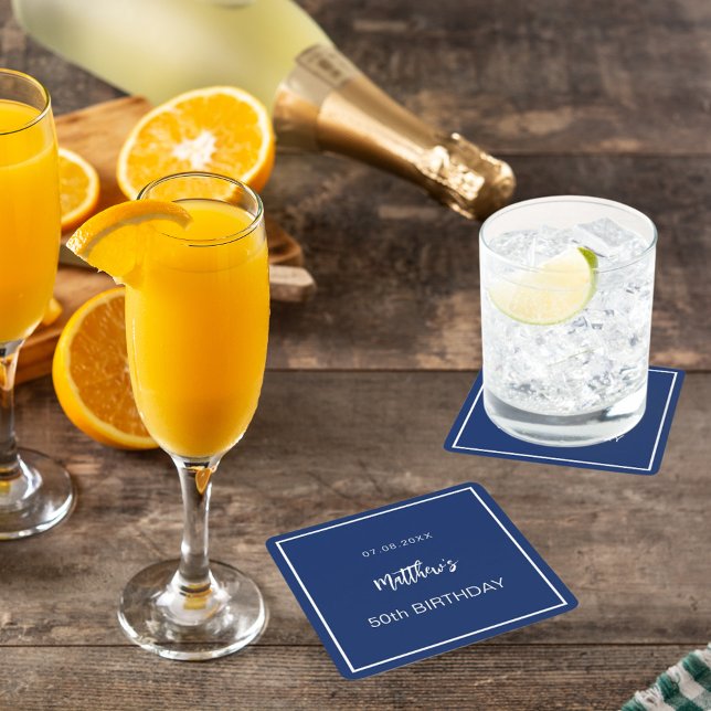 Birthday navy blue white minimalist men guy square paper coaster (Creator Uploaded)