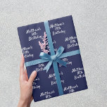 Birthday navy blue white name script minimalist wrapping paper<br><div class="desc">Navy blue background,  white text. Personalise and add a name and age.  A modern hand lettered style script. For both him and her.</div>