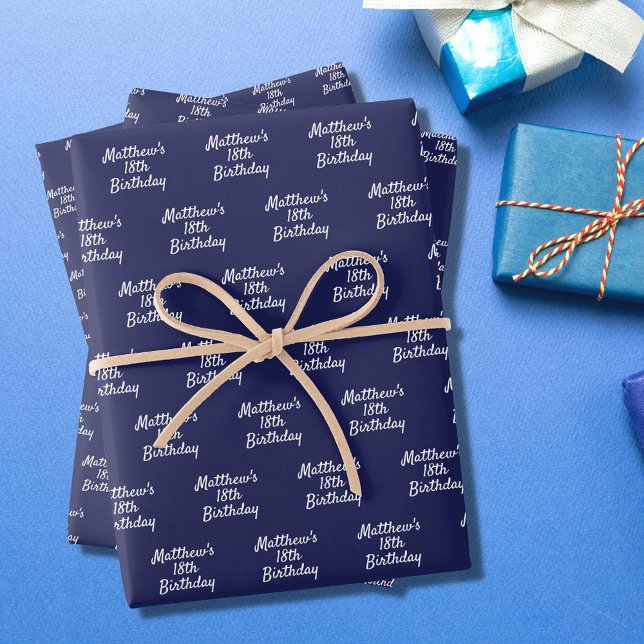 Birthday navy blue white name script minimalist wrapping paper sheet (Creator Uploaded)