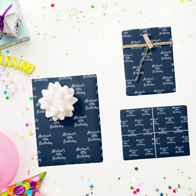 Birthday navy blue white name script wrapping paper sheet (Creator Uploaded)