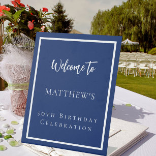 Birthday navy blue white party welcome pedestal sign