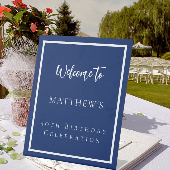 Birthday navy blue white party welcome pedestal sign (Creator Uploaded)