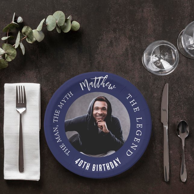Birthday navy blue white photo man myth legend paper plate (Creator Uploaded)