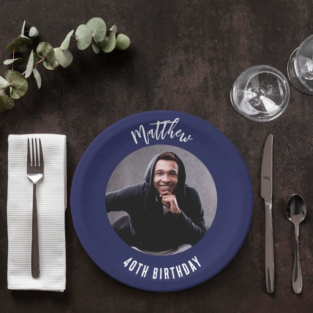 Birthday navy blue white photo paper plate (Creator Uploaded)