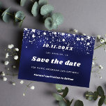 Birthday navy blue white stars save the date<br><div class="desc">A Save the Date for a 50th (or any age) birthday party. A navy blue colored background. Decorated with stars. For both him and her.</div>