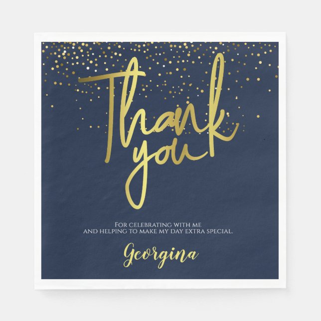 Birthday Navy Gold Typography Thank You Napkin (Front)