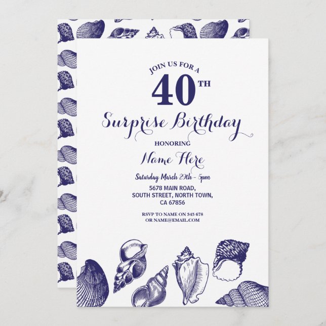 Birthday Navy Party Shells Ocean Beach Sea Invitation (Front/Back)