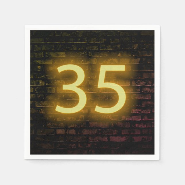 Birthday Neon 35 Sign on Brick Wall Napkin (Front)