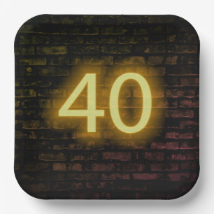 Birthday Neon 40 Sign on Brick Wall Paper Plate