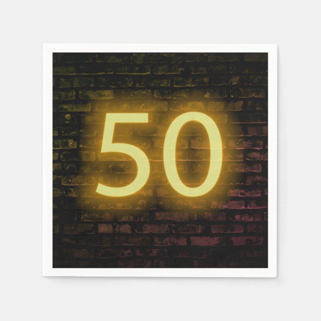 Birthday Neon 50 Sign on Brick Wall   Napkin (Front)