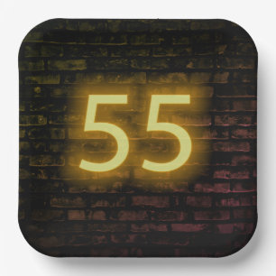 Birthday Neon 55 Sign on Brick Wall Paper Plate