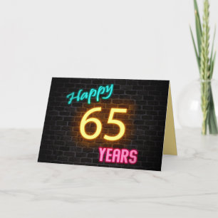Birthday neon 65 sign on brick card