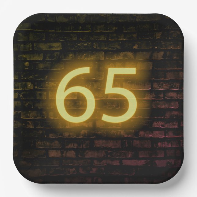 Birthday Neon 65 Sign on Brick Wall Paper Plate (Front)