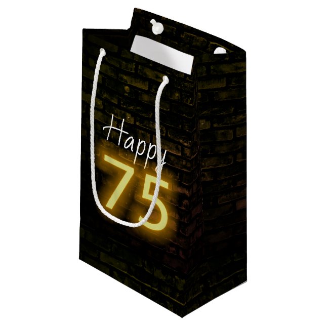 Birthday Neon 75 Sign on Brick  Small Gift Bag (Front Angled)