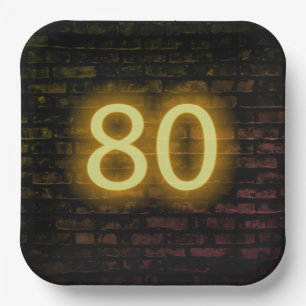 Birthday Neon 80 Sign on Brick Wall   Paper Plate