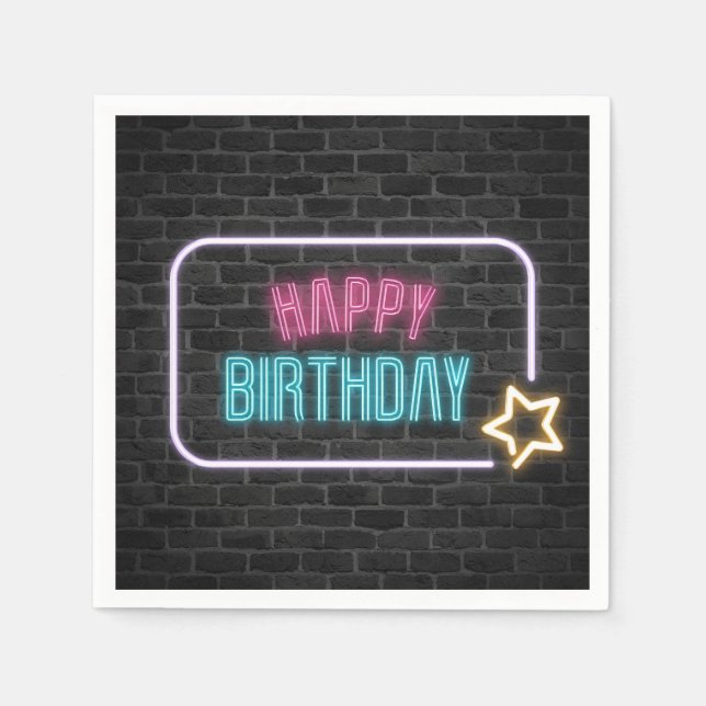 Birthday Neon Sign On Brick Wall Napkins (Front)