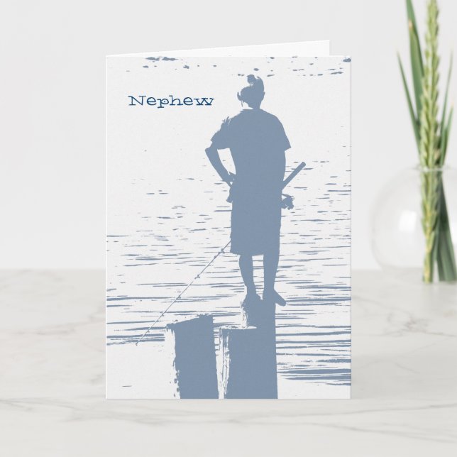 Birthday, nephew, boy fishing from stump. card (Front)