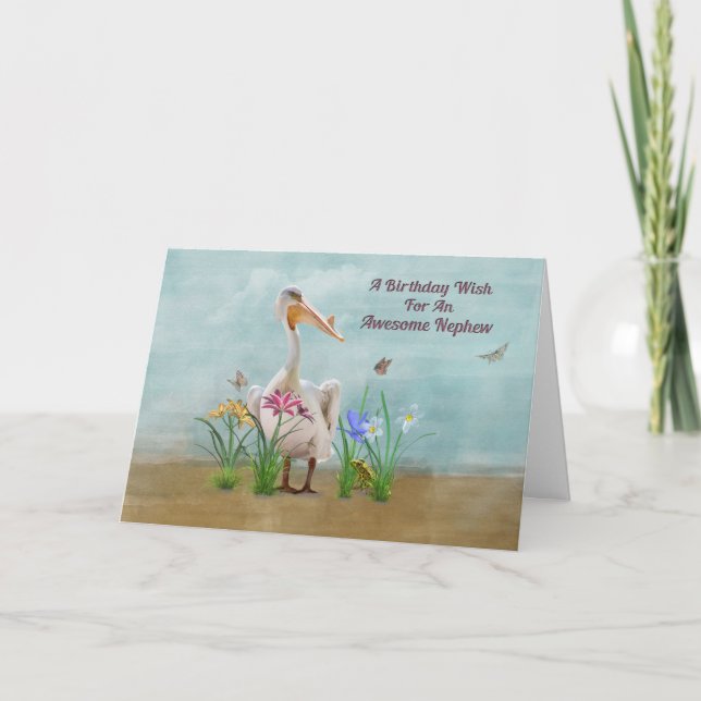 Birthday, Nephew, Pelican, Flowers and Butterflies Card (Front)