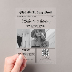 Birthday Newspaper Fun Black & White Photo Acrylic Invitations