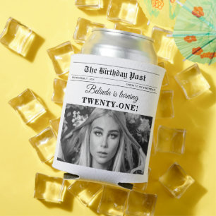 Birthday Newspaper Fun Black & White Photo Can Cooler