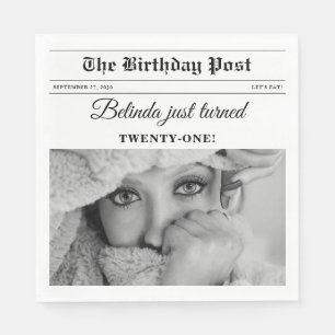Birthday Newspaper Fun Black & White Photo Napkin