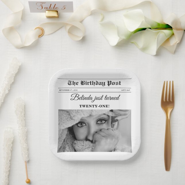 Birthday Newspaper Fun Black & White Photo Paper Plate (Wedding)