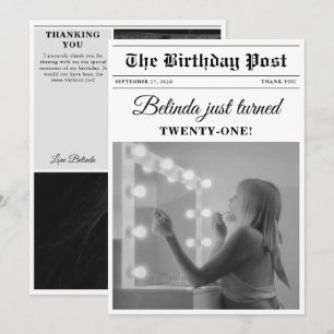 Birthday Newspaper Fun Black & White Photo Thank You Card