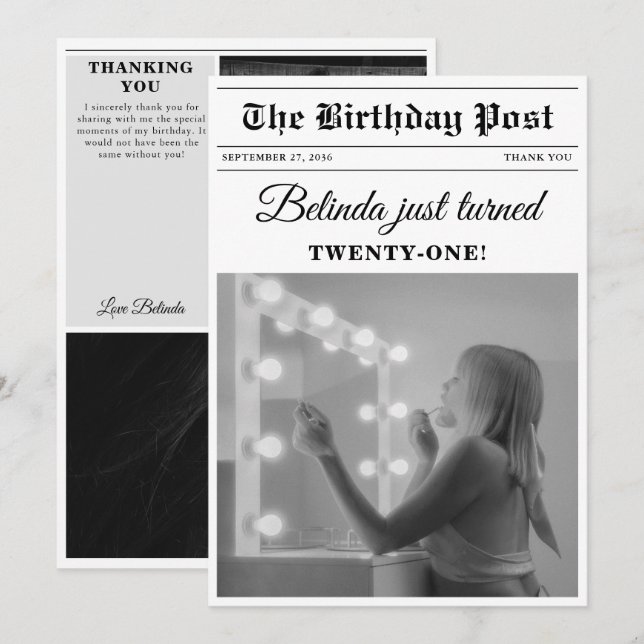 Birthday Newspaper Fun Black & White Photo Thank You Card (Front/Back)
