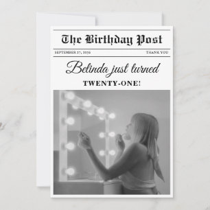 Birthday Newspaper Fun Black & White Photo Thank You Card