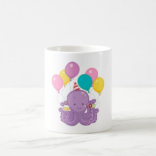 Birthday Octopus with Balloons and Cupcake Coffee Mug