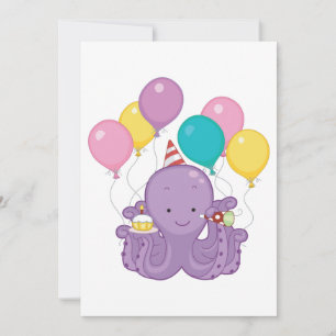 Birthday Octopus with Balloons and Cupcake Invitation