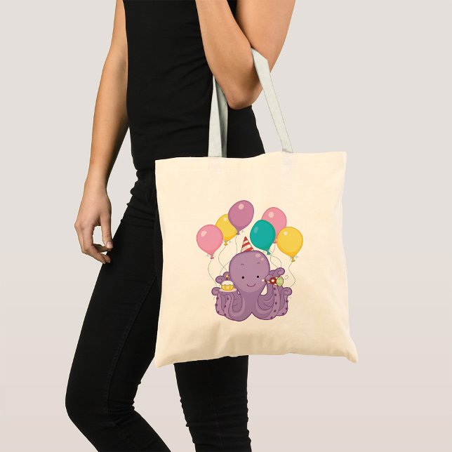 Birthday Octopus with Balloons and Cupcake Tote Bag (Creator Uploaded)