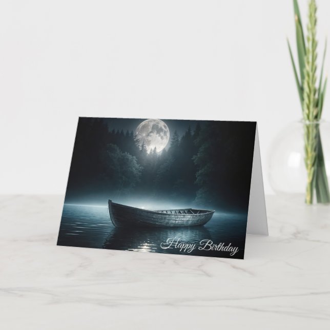 Birthday Old Boat On Moonlit Lake Card (Front)