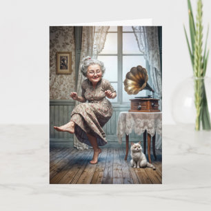 Birthday Old Lady Dancing to a Gramophone Card