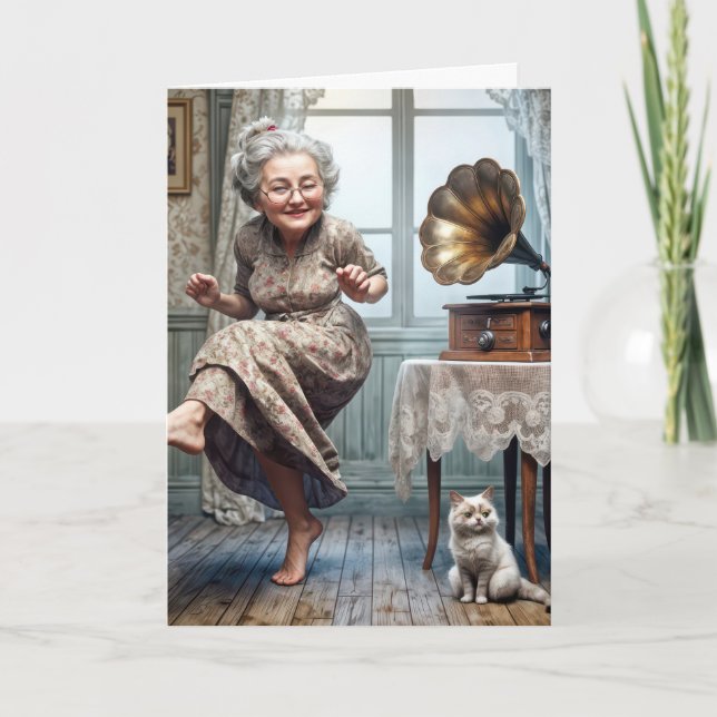 Birthday Old Lady Dancing to a Gramophone Card (Front)