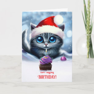 Birthday on Christmas Day Cute Kitten with Cupcake Card