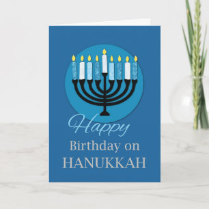 Birthday on Hanukkah Menorah on Dark Blue Card